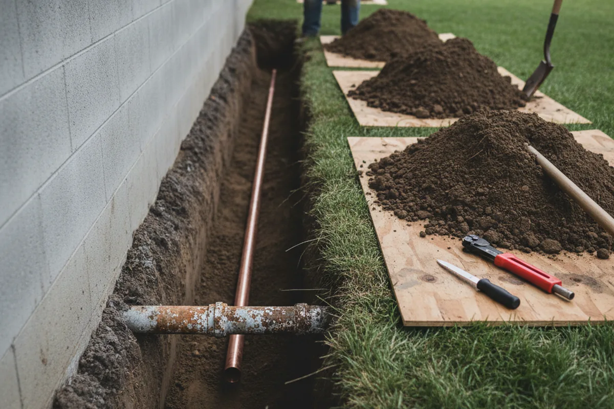 Excavated water line trench during Water Softener Installation in Equinunk